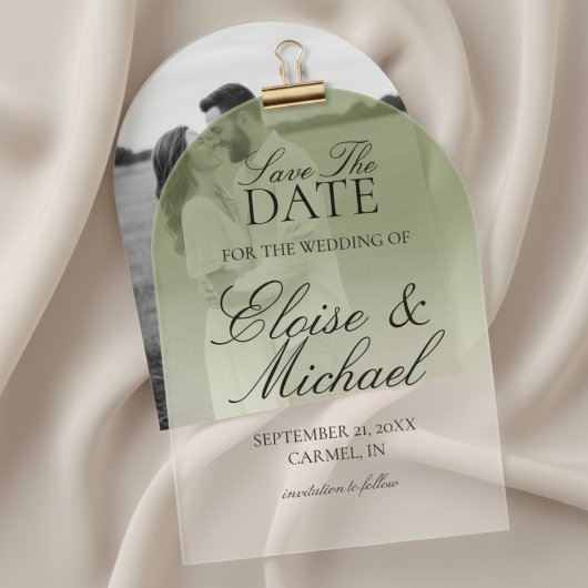 Elegante Script Groene Gradiënt Bewaar De Datum Acryl Uitnodigingen