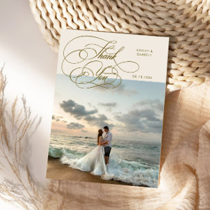 Elegante script huwelijksfoto crème bedankkaart
