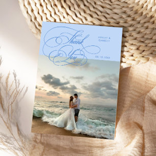 Elegante Script Huwelijksfoto Ijsblauw Bedankkaart