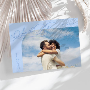 Elegante Script Icy Blauwe Gebogen Frame Foto Save The Date