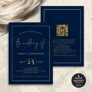 Elegante Script Line QR Code Marine Blauw Goud Bru Kaart