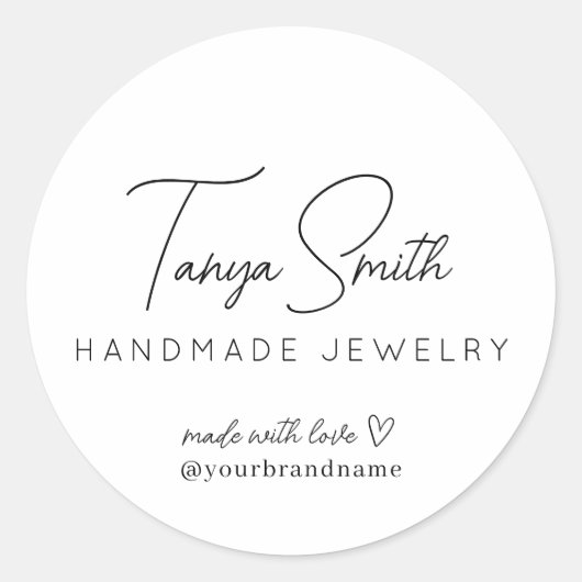 Elegante Script Made Love Heart Sieraden Zakelijk Ronde Sticker (Voorkant)