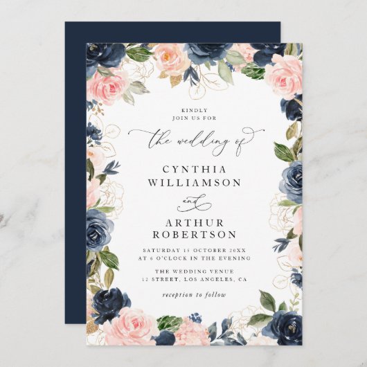 Elegante script marine en blozen bloemenbruiloft kaart (Voorkant / Achterkant)