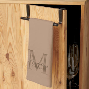 Elegante script metalen taupe gouden monogram theedoek