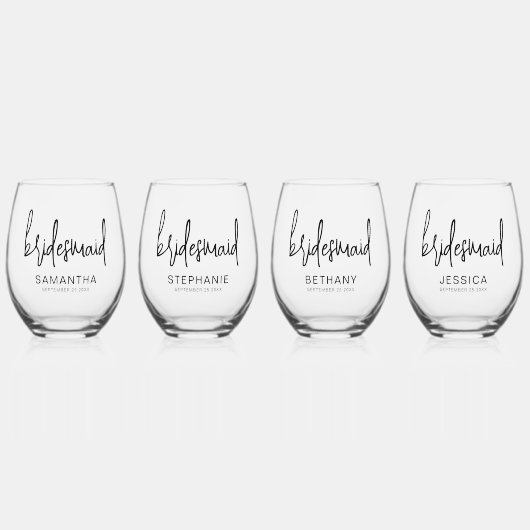 Elegante Script Naam Datum Bruidsmeisje Gift Wijnglas Zonder Voet (Voorkant)