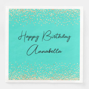 Elegante Script Naam Gouden Glitter op Turquoise Servet