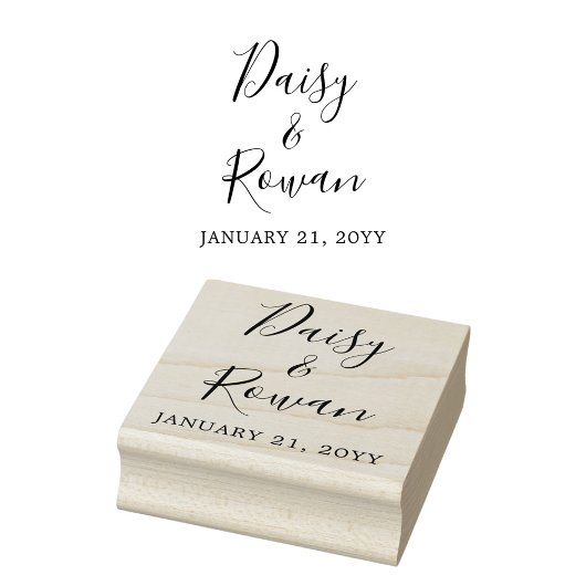 Elegante script naam van het koppel met trouwdatum 	rubberstempel