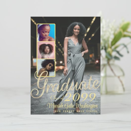 Elegante Script Overlay 4 Photo Collage Afstuderen Aankondiging (Staand voorkant)