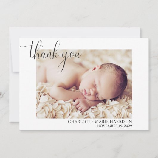 Elegante Script Photo Dank u geboorte aankondiging (Voorkant)