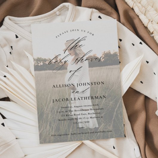 Elegante Script Photo Overlay Couples Baby shower Kaart