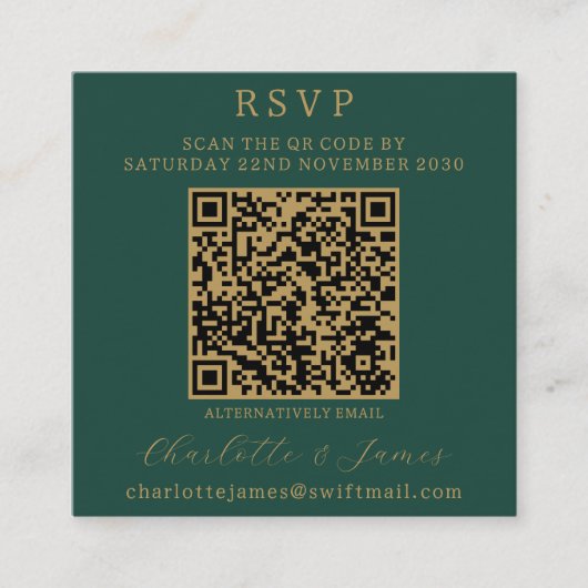Elegante Script Photo QR Gold en Green RSVP Informatiekaartje (Voorkant)
