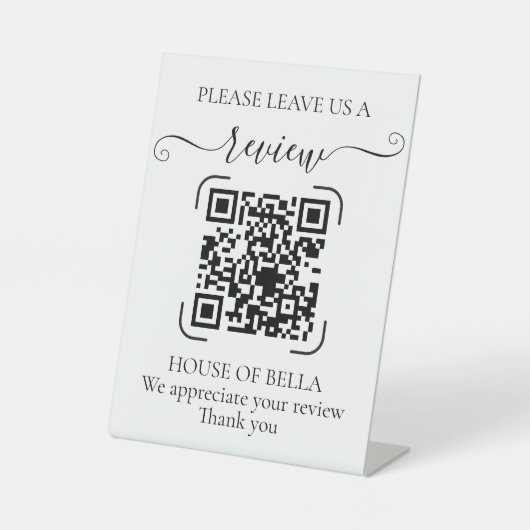 Elegante Script QR Code Review Reclamebord Met Voetstuk (Voorkant)