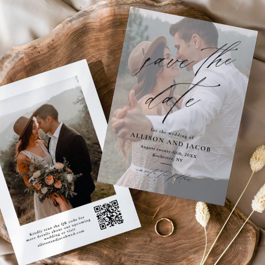 Elegante Script QR-code Trouwfoto Save The Date