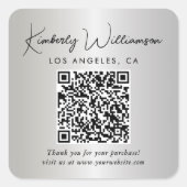 Elegante Script QR Code Zilveren Bedankt Vierkante Sticker (Voorkant)