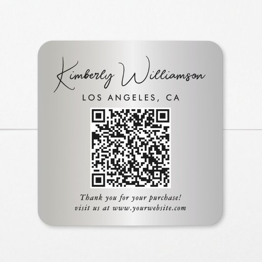 Elegante Script QR Code Zilveren Bedankt Vierkante Sticker