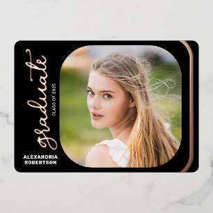 Elegante Script Rose Goud 2 Foto Afstudeerfeest Folie Uitnodiging