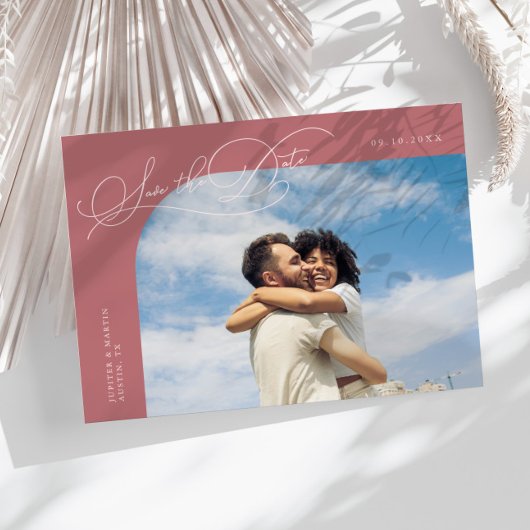 Elegante Script Roze Gebogen Frame Foto Save The Date