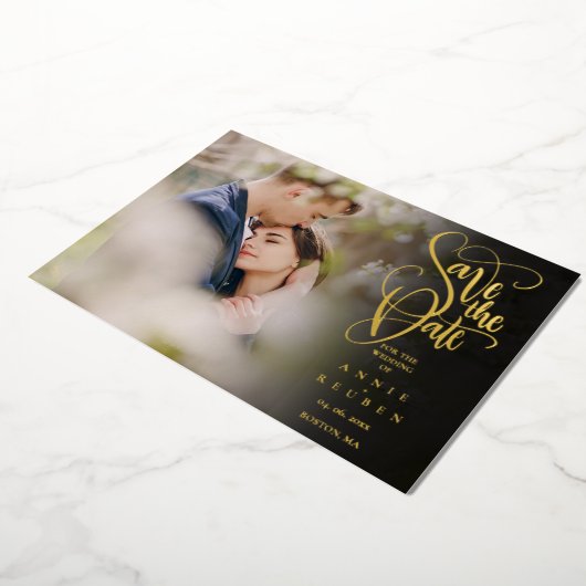 Elegante Script Save the Date Foto QR Code Folie Uitnodiging (Gedraaid)
