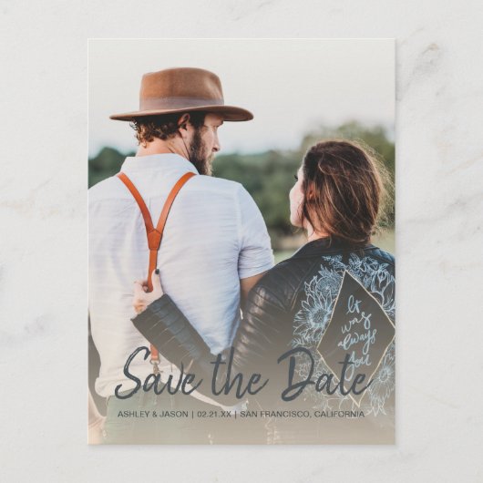 Elegante Script Save the Date Verlovingsfoto Aankondigingskaart (Voorkant)