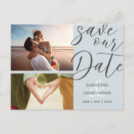 Elegante Script Sla onze datum Dusty Blue Foto Aankondigingskaart
