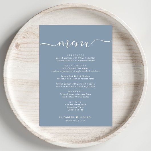 Elegante Script Stofblauwe Trouwreceptie Menu