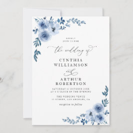 Elegante script stoffige blauwe bloemen bruiloft kaart