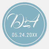 Elegante script typografie initialen blauw bruilof ronde sticker (Voorkant)