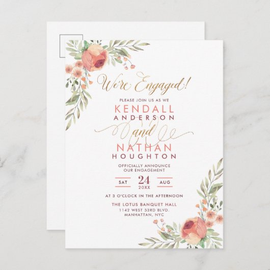 Elegante Script Waterverf Bloemen Engagement Party Uitnodiging Briefkaart (Voorkant / Achterkant)