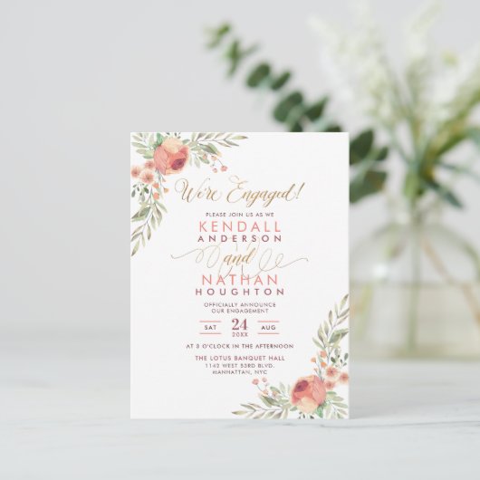 Elegante Script Waterverf Bloemen Engagement Party Uitnodiging Briefkaart (Staand voorkant)
