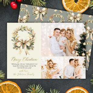 Elegante script waterverf krans gouden strik 3 fot feestdagenkaart
