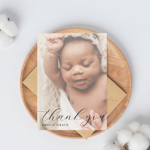 Elegante Script Wazige Babyfoto Eenvoudige Baby Sh Bedankkaart