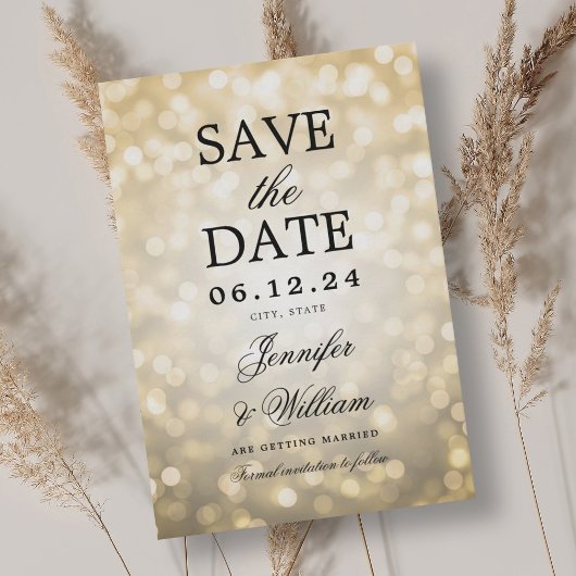 Elegante Script Wedding Gold Bokeh Lights Save The Date