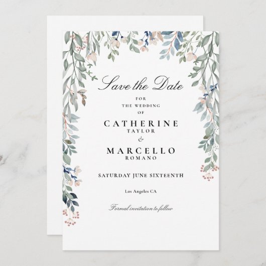 Elegante script wilde bloemen bloem bruiloft save the date (Voorkant / Achterkant)
