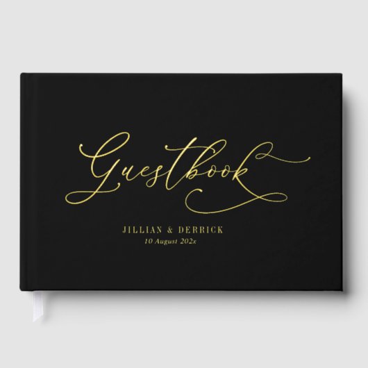 Elegante script zwart en goud bruiloft gastenboek (Voorkant)