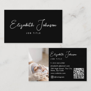 Elegante script zwart-wit foto QR-code Visitekaartje