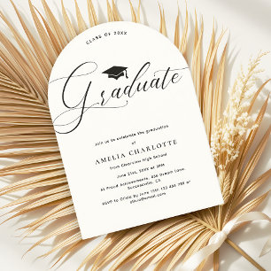 Elegante Script Zwart Witte Afstudeerfeest Boog Kaart