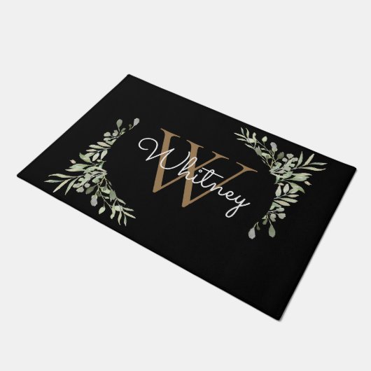 Elegante script zwarte goud monogram groen deurmat (Schuin)