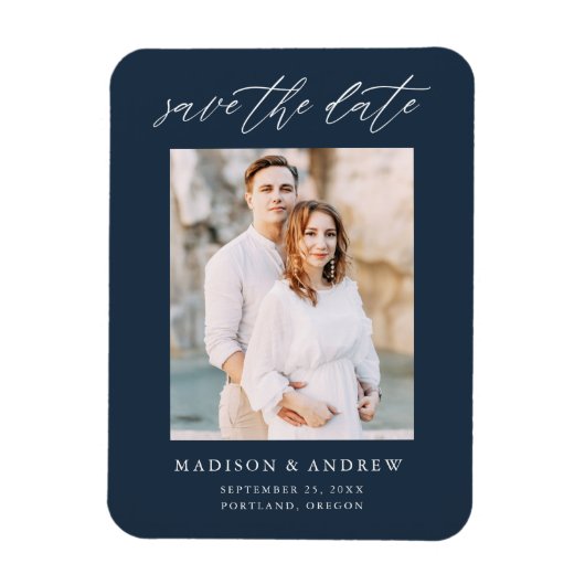 Elegante scriptie marine foto save the date magneet (Verticaal)