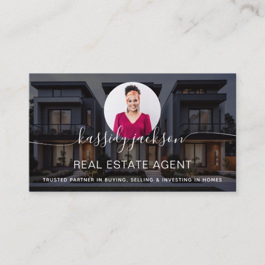 Elegante scriptnaam Circle Business Photo QR-code Visitekaartje (Voorkant)