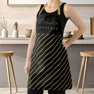 Elegante scriptnaam monogram zwarte gouden strepen schort