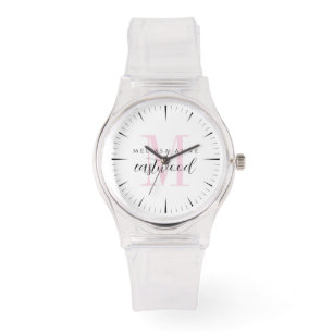 Elegante scriptnaam roze monogram horloge