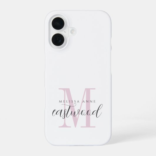 Elegante scriptnaam roze zwart monogram iPhone 16 hoesje (Achterkant)