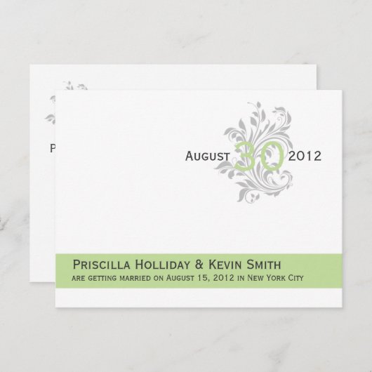 Elegante Scrolls Celery Green Grey Bewaar de datum Aankondigingskaart (Voorkant / Achterkant)