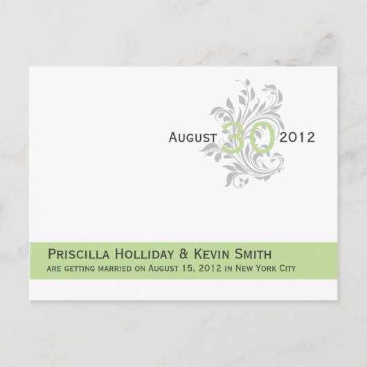 Elegante Scrolls Celery Green Grey Bewaar de datum Aankondigingskaart (Voorkant)