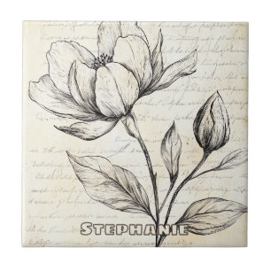 Elegante Sepia Botanische Bloemen Vintage Schrift Tegeltje