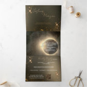 Elegante Sepia Zonne-eclips op maat gemaakte foto  Drieluik Uitnodiging (Binnen)