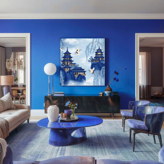Elegante Serene Blauwe Chinoiserie Berg Decoupage Tissuepapier