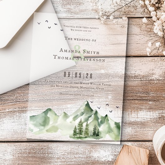 Elegante serene groene berglandschap bruiloft acryl uitnodigingen