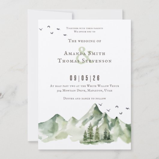 Elegante serene groene berglandschap bruiloft kaart (Voorkant)