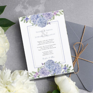 Elegante seringen en blauwe hortensia bloemstukken folie uitnodiging